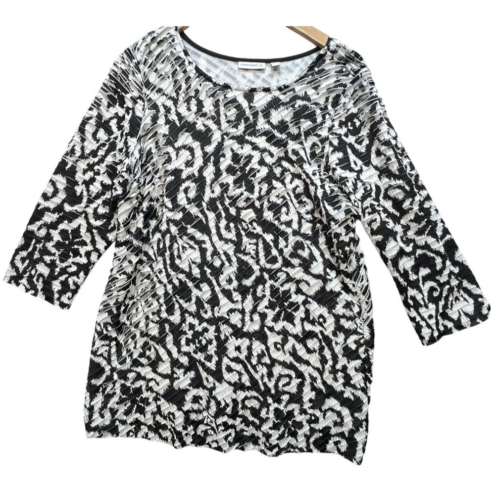 Susan Graver Women's Boho Flowy Casual Tunic Top Ruffle Peasant Sz L Black White